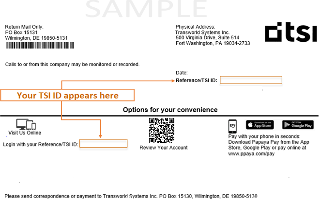 An image to show where TSI ID appears in the letter sent to you